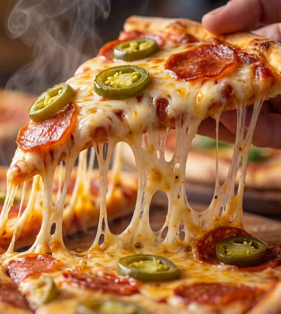 Pizza slice with a cheese pull