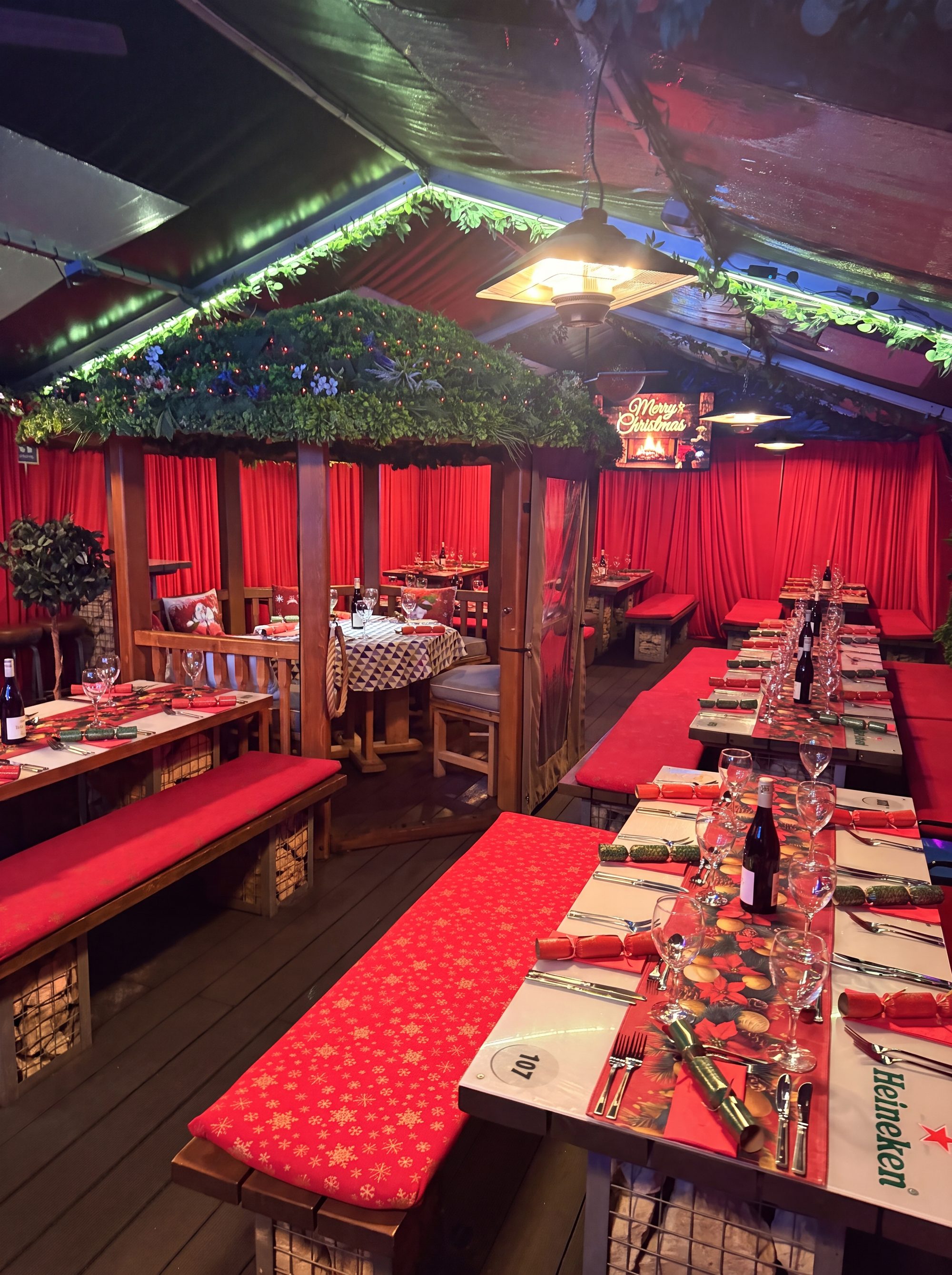 Fizzy Moon's heated garden marquee dressed for Christmas parties in Royal Leamington Spa